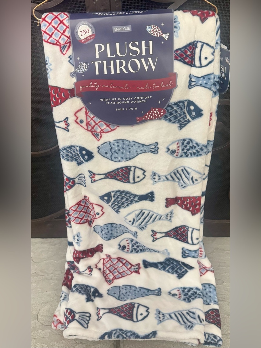 Oversized Red White Blue Patriotic Fish Throw Blanket USA 250th Anniversary New